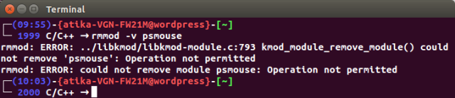 Ejemplo de rmmod -v psmouse, como podemos intuir es el módulo del ratón. El error nos dice que la operación no está permitida al no ser root.
